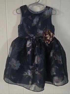 Pippa & Julie Girls Navy Floral Dress with Flower Decor - Size 4